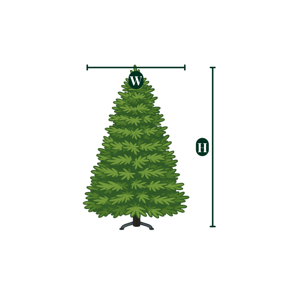 A graphic showing the height and width dimensions of the unlit Fraser Fir Christmas tree.