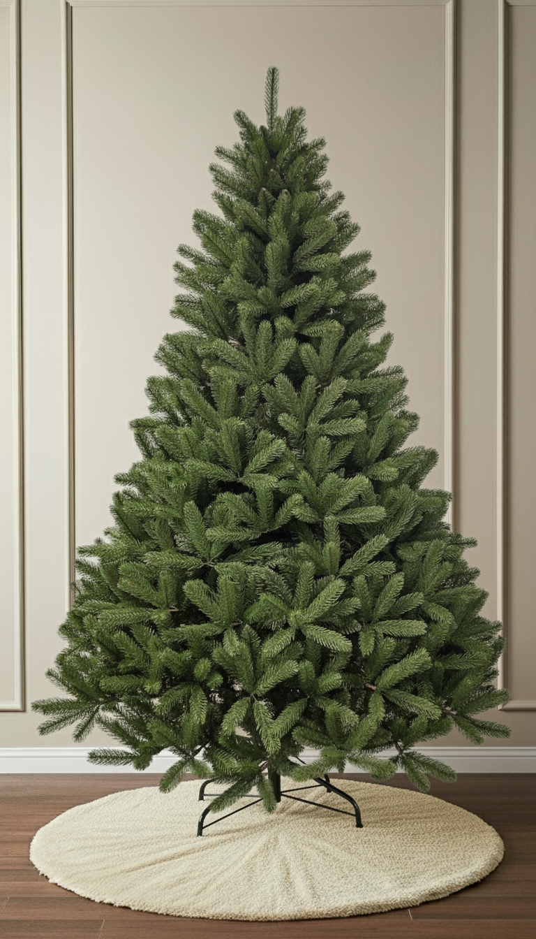 The unlit White Spruce Christmas tree, showcasing its very full silhouette and plush, natural-looking branches.