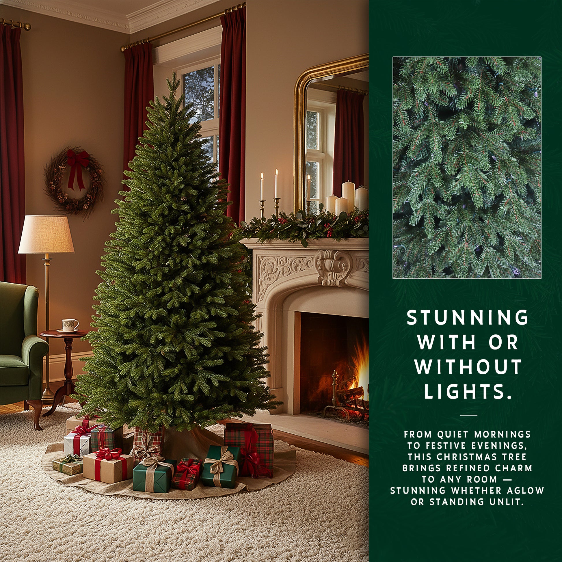The Heartland Grand Slim Christmas Tree shown unlit to highlight its full, realistic branches.