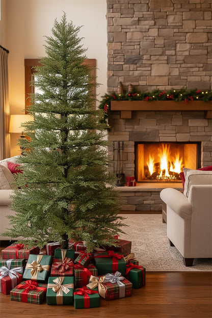 An unlit minimalist cypress Christmas tree surrounded by a festive pile of wrapped gifts.