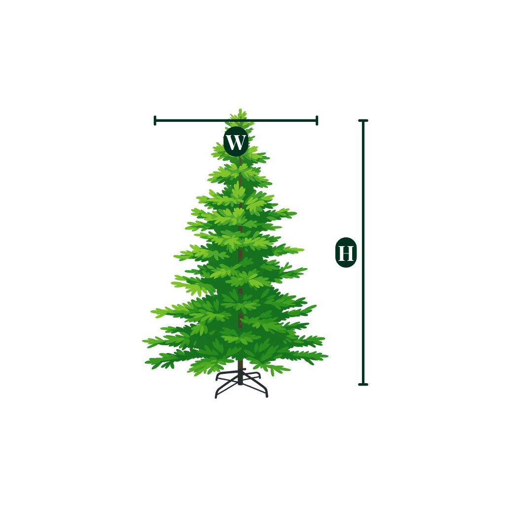 A graphic showing the height and width dimensions of the unlit Noble Fir Christmas tree.