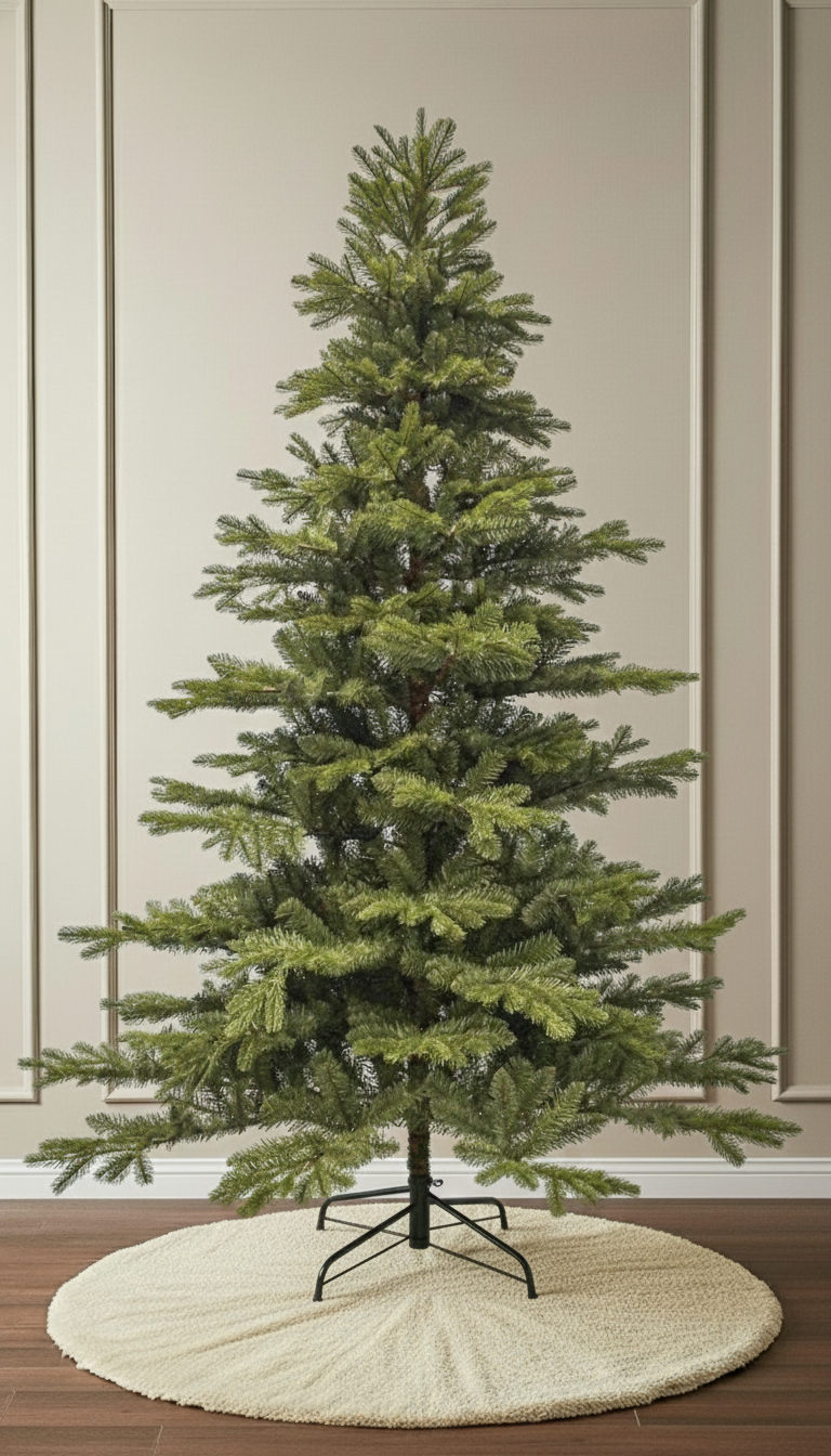 A studio photo of the unlit Noble Fir Christmas tree, highlighting its distinct, layered branches and realistic look.