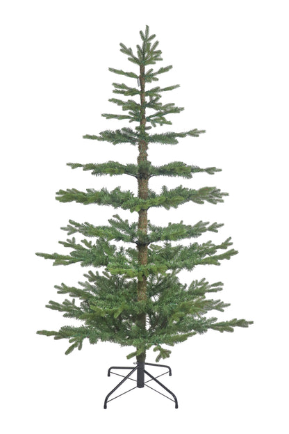 A tall, unlit skinny Christmas tree with sparse, layered branches, resembling a noble fir.