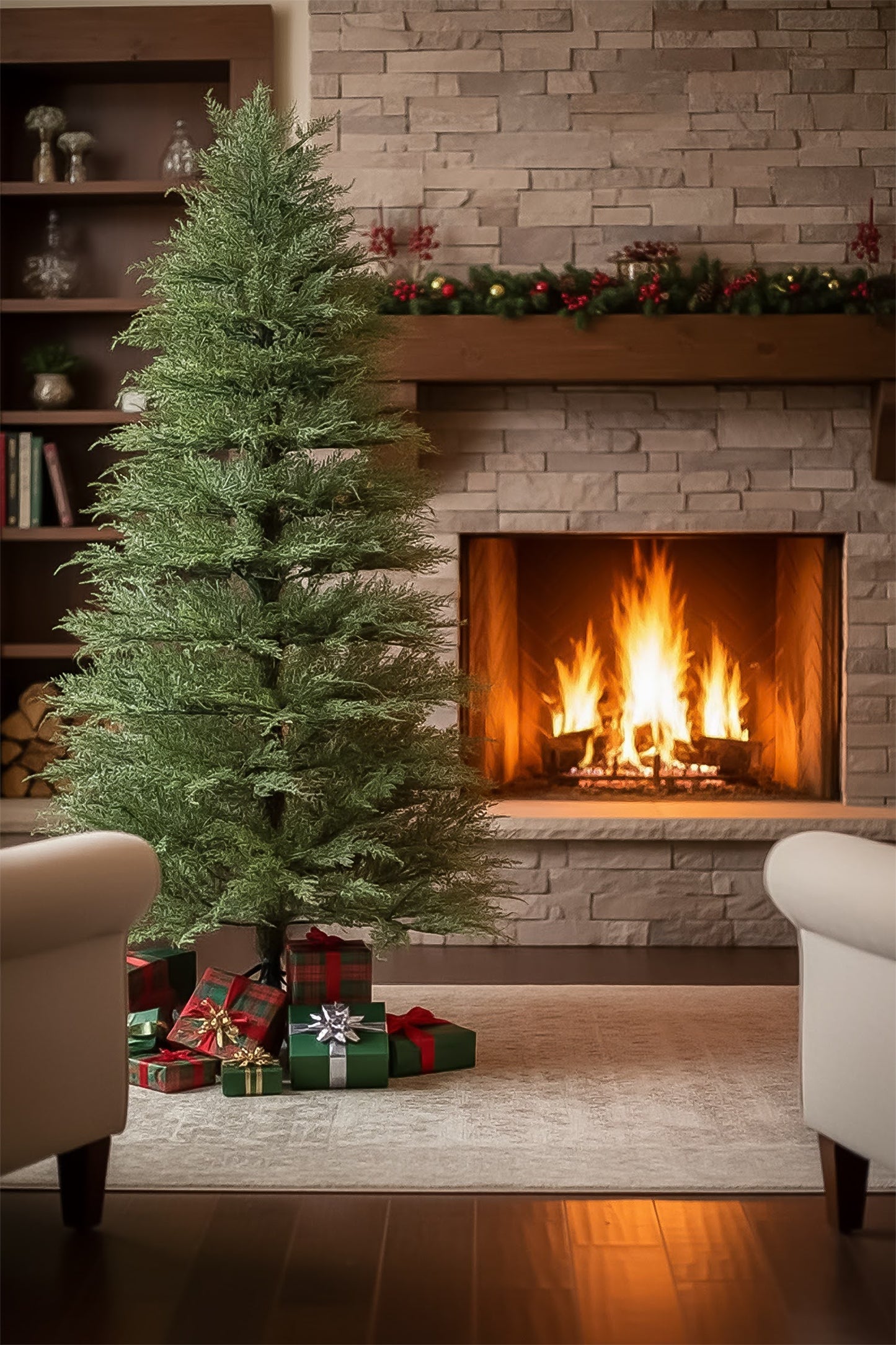 A space saving cypress Christmas tree placed between two chairs in front of a warm fireplace.
