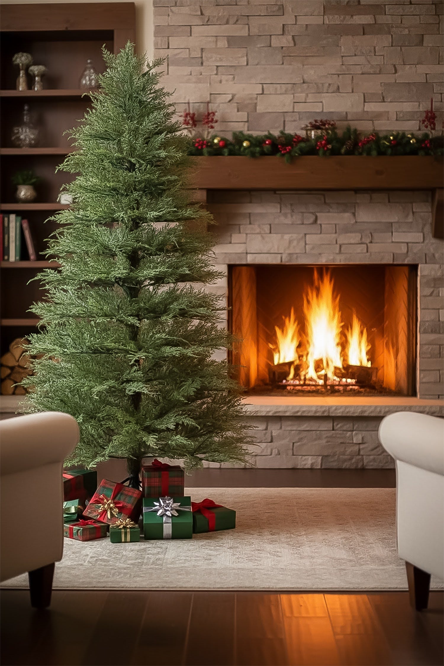A space saving cypress Christmas tree placed between two chairs in front of a warm fireplace.
