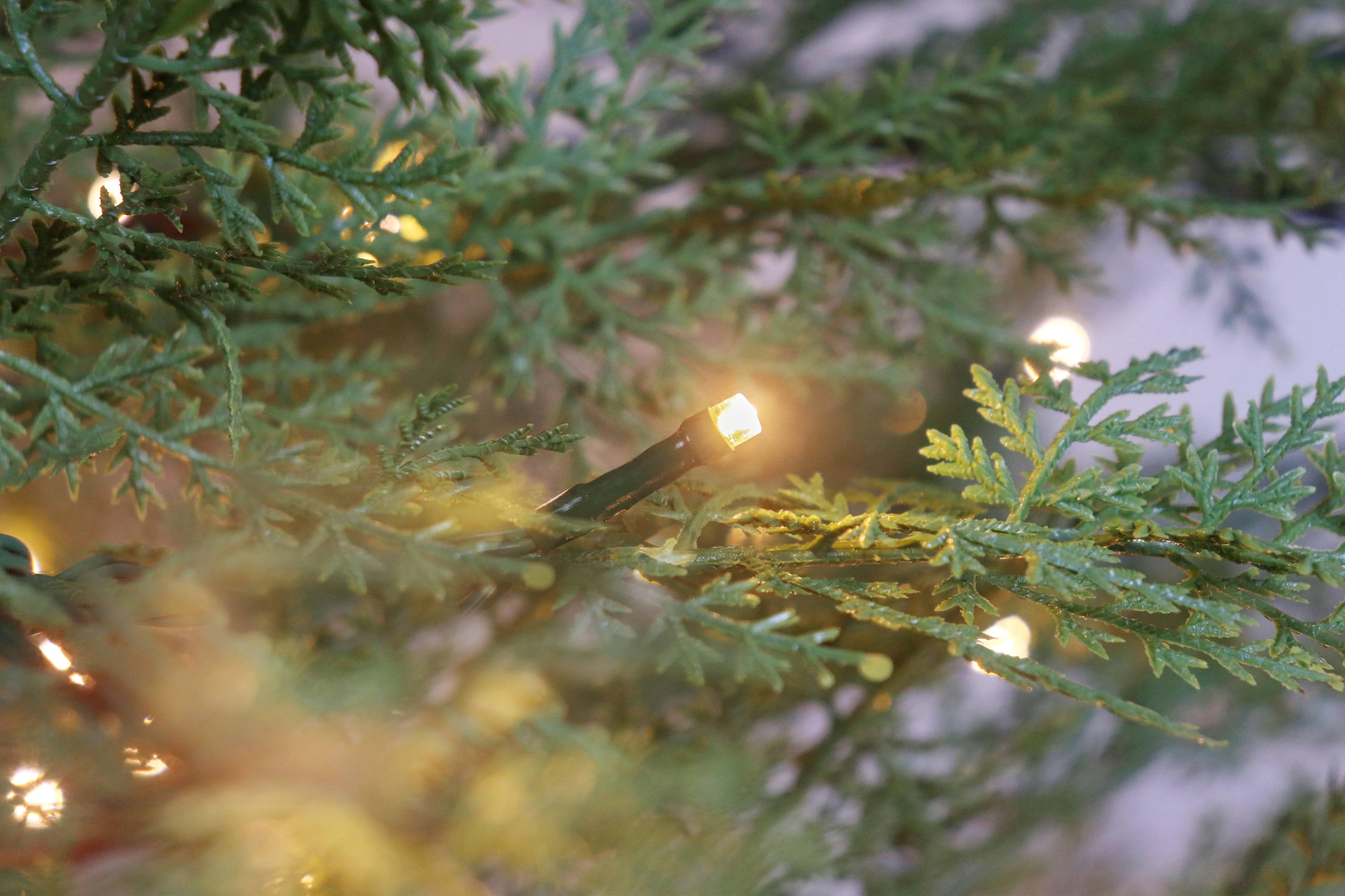 A close-up of a warm white T5 LED light glowing softly among the branches of a pre-lit tree.