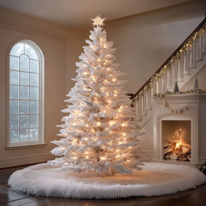 White Christmas tree near a fireplace