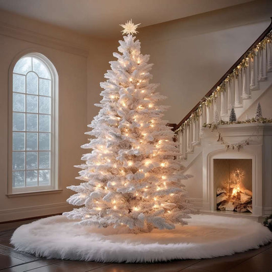 White Christmas tree near a fireplace