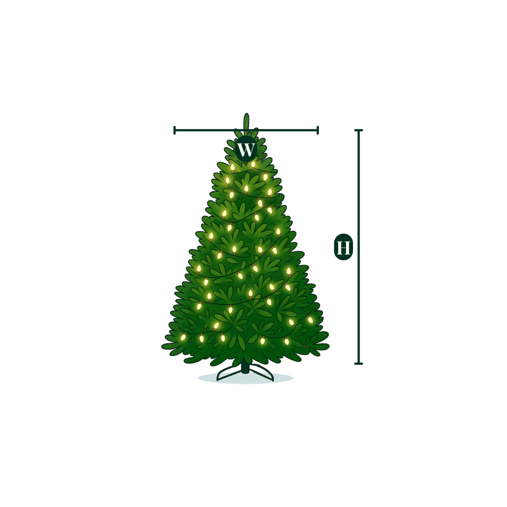 Graphic showing the height (H) and width (W) measurements for a white spruce pre-lit Christmas tree.