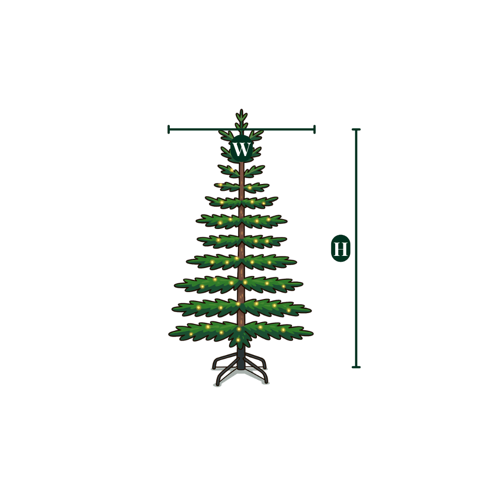 Graphic showing the height (H) and width (W) measurements for a winterglade pre-lit Christmas tree.