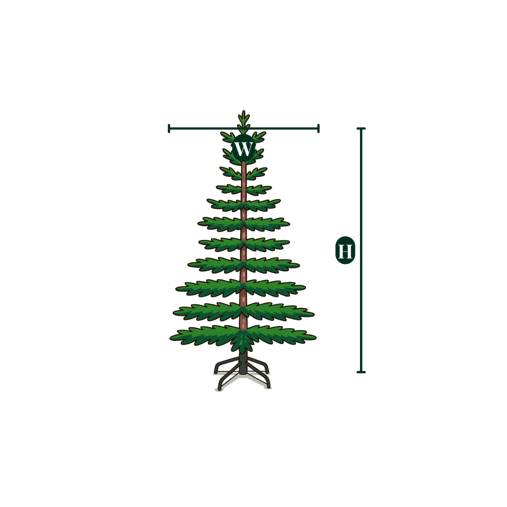 Graphic showing the height (H) and width (W) measurements for a winterglade unlit Christmas tree.