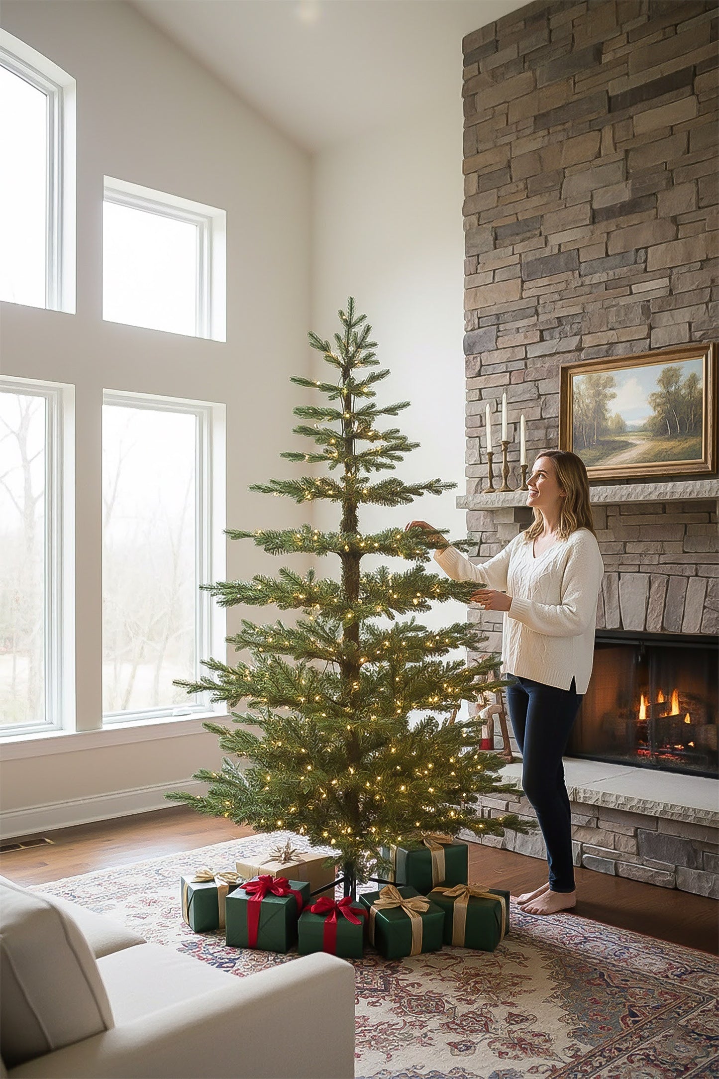 Woman decorating a 9-foot pre-lit skinny Christmas tree in a festive room with a stone fireplace.